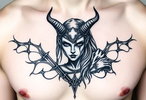Feminine Tattoo dark female warrior with realistic horns just barley touching collarbone with a lot of shading tattoo idea