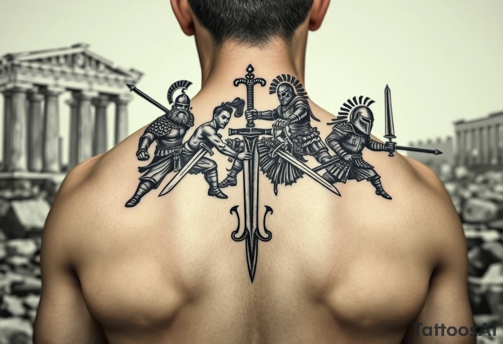For a full back tattoo create the following battle seen- Viking vs Angus Kahn vs English knight vs Roman gladiator vs Japanese samurai. Note realistic fighting and weapons against each other. Background ancient ruins of Greece tattoo idea