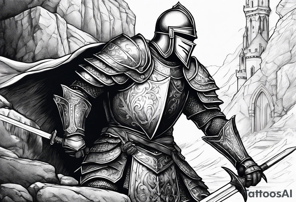 knight pulling out sword off stone tattoo idea