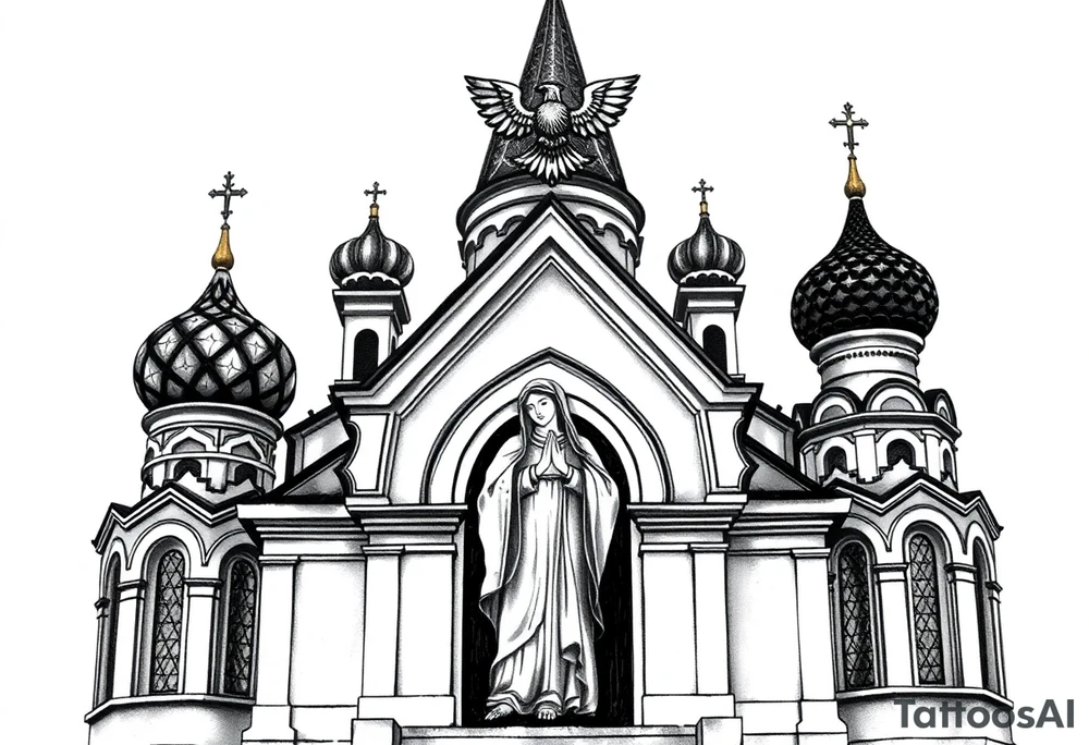 Flowing Scene

A onion domes orthodox church
Virgin Mary in prayer pose on the front doors of the russian orthodox church 
A small double headed russian coat of arms eagle or just the star tucked above the dome near the hairline tattoo idea