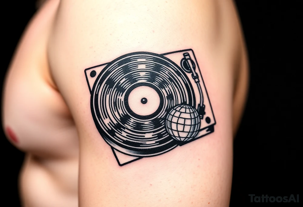 vinyl record player with a smaller disco ball to the side of it tattoo idea