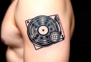 vinyl record player with a smaller disco ball to the side of it tattoo idea