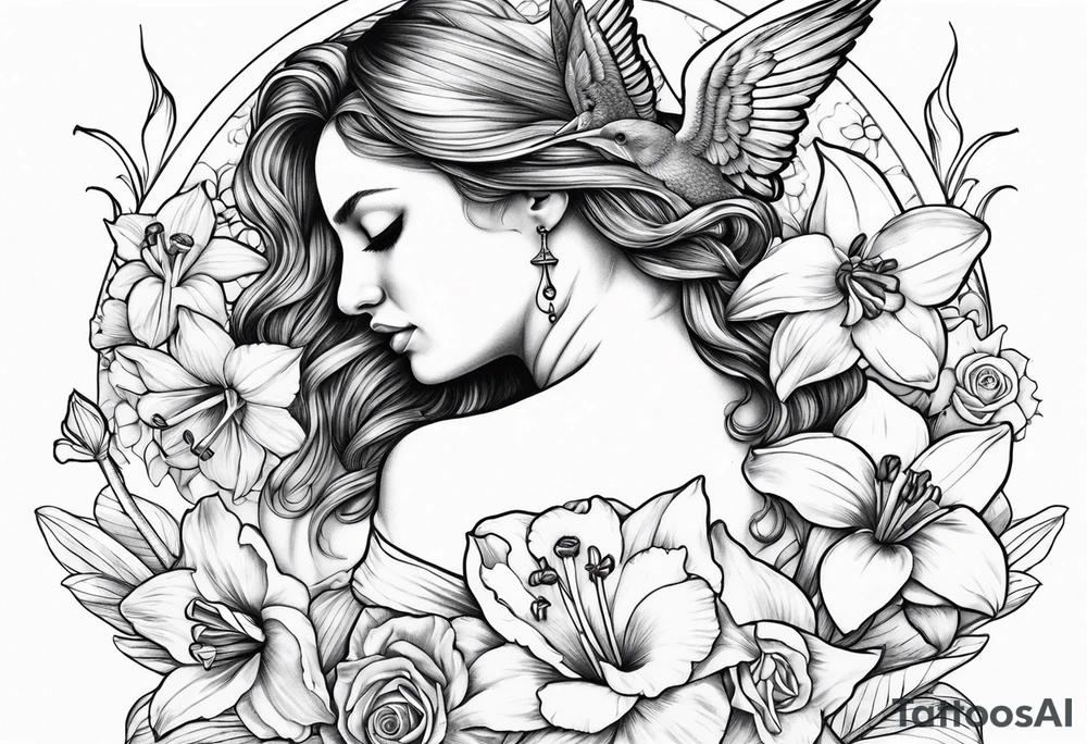 off shoulder 
sad crying angel with head down and face covered by her hair surrounded by lily, daffodil, rose, daisy, narcissus holding a hummingbird tattoo idea