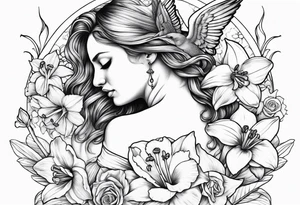 off shoulder 
sad crying angel with head down and face covered by her hair surrounded by lily, daffodil, rose, daisy, narcissus holding a hummingbird tattoo idea