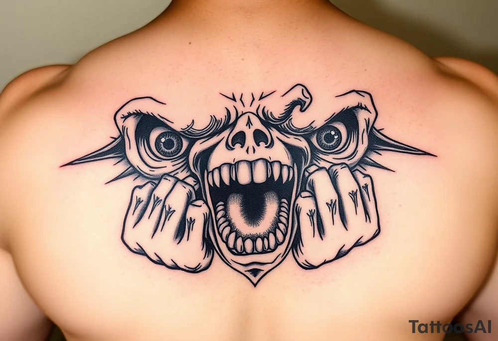 powerful faces with huge eyes and mouth with hands fighting to get out tattoo idea