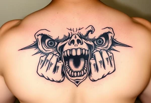 powerful faces with huge eyes and mouth with hands fighting to get out tattoo idea