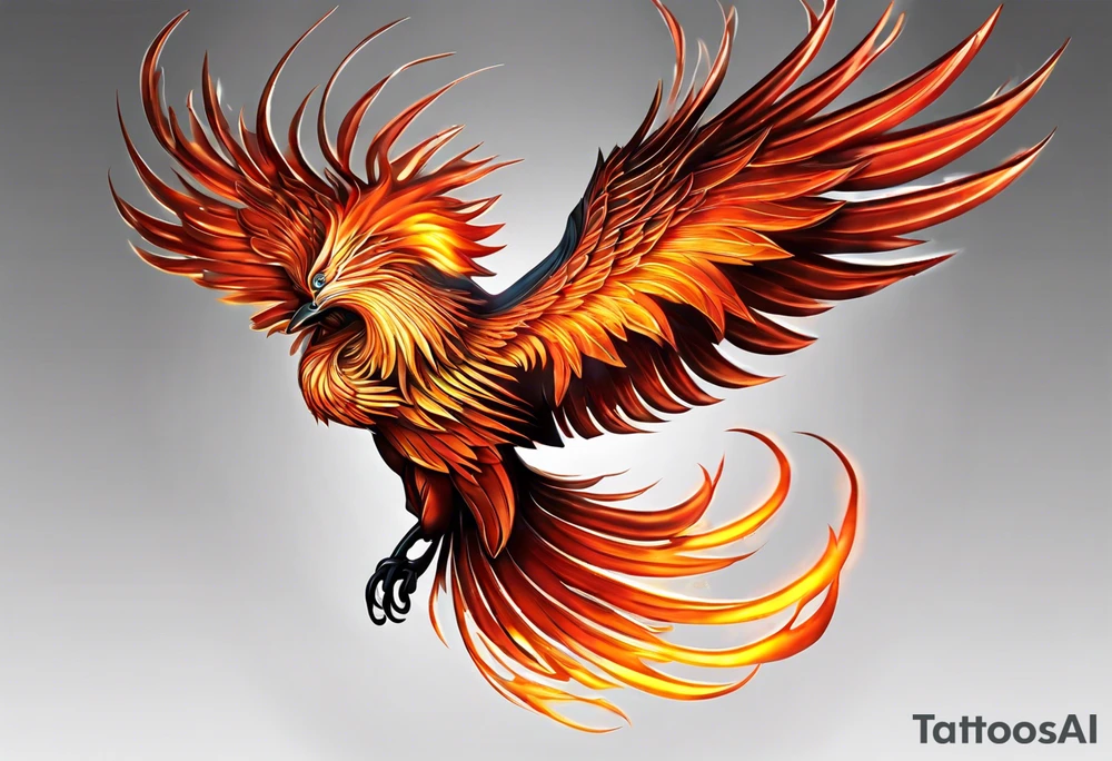 3D Tattoo: A powerful, majestic phoenix, depicted mid-flight or rising, with wings extended and feathers flowing. Deep shading and intricate details to bring out the texture and motion of the feathers. Style: 3D. tattoo idea