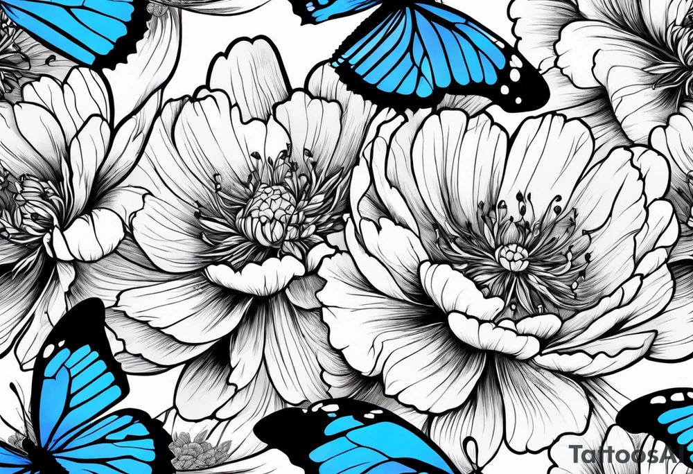 Peony with blue monarch butterflies tattoo idea