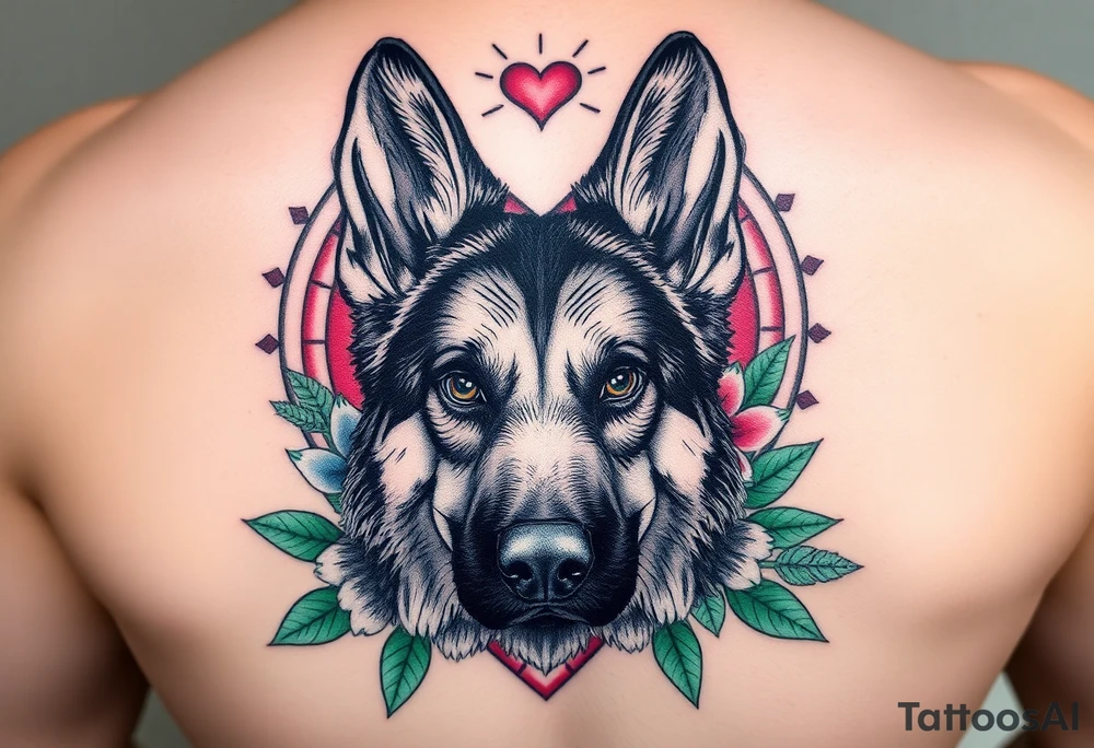 realistic german shepherd dog with floral lilies watercolour style colourful pink blue and green in front of a sacred heart tattoo idea