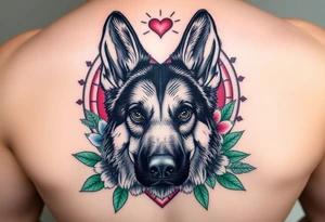 realistic german shepherd dog with floral lilies watercolour style colourful pink blue and green in front of a sacred heart tattoo idea