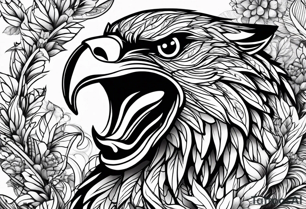Eagle, Tasmanian devil, black swirl filler, snake, leaves leg sleeve tattoo idea