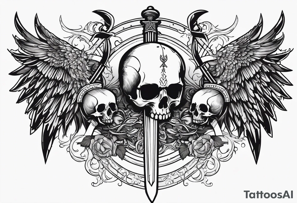In the center is a half skull pierced by a large sword. On either side of the skull, there are spread angel wings, Beneath the skull is a ribbon with latvian symbols that weaves through both the skull and the sword tattoo idea