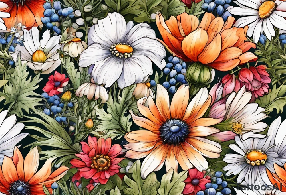 wildflowers cascading with thistles, ferns, white anemones, sun flowers, orange flowers, pink flowers, red flowers, babys breath and daisies all in watercolor tattoo idea