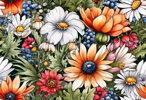 wildflowers cascading with thistles, ferns, white anemones, sun flowers, orange flowers, pink flowers, red flowers, babys breath and daisies all in watercolor tattoo idea
