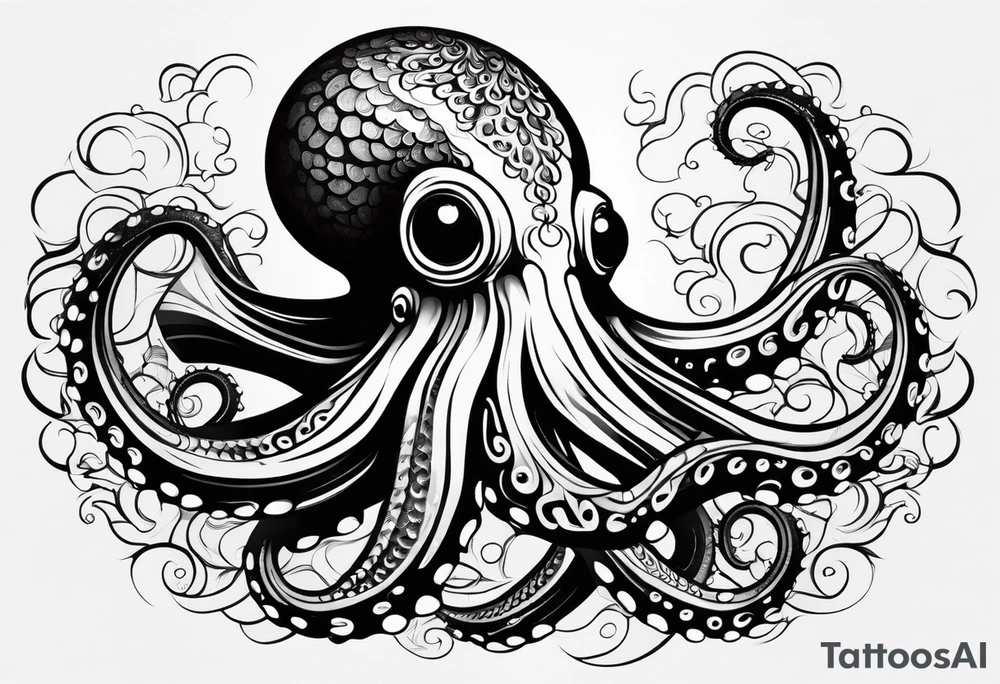 Tribal half sleeve. octopus surrounded by ribbons of water waves filled with fish. the octopus has no eyes. Use thick lines only with less detail. tattoo idea