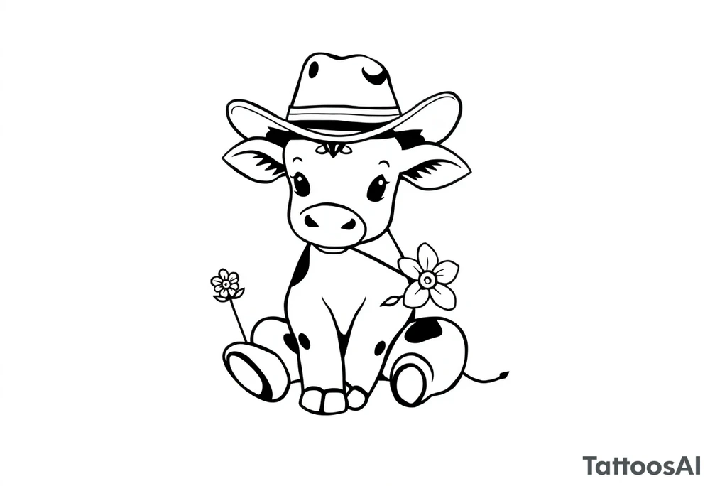 cute black and white baby cow sitting wearing a cowboy hat with a flower in mouth tattoo idea