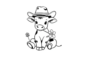 cute black and white baby cow sitting wearing a cowboy hat with a flower in mouth tattoo idea