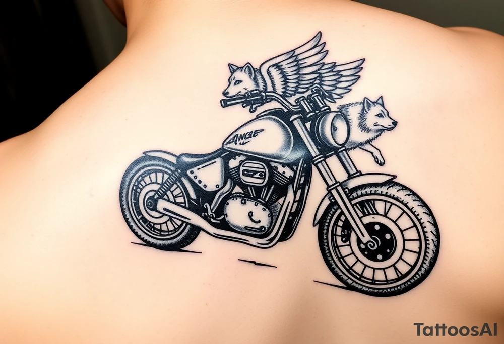 a motorcycle on it with guardian angel wolves on the bike tattoo idea