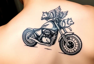 a motorcycle on it with guardian angel wolves on the bike tattoo idea