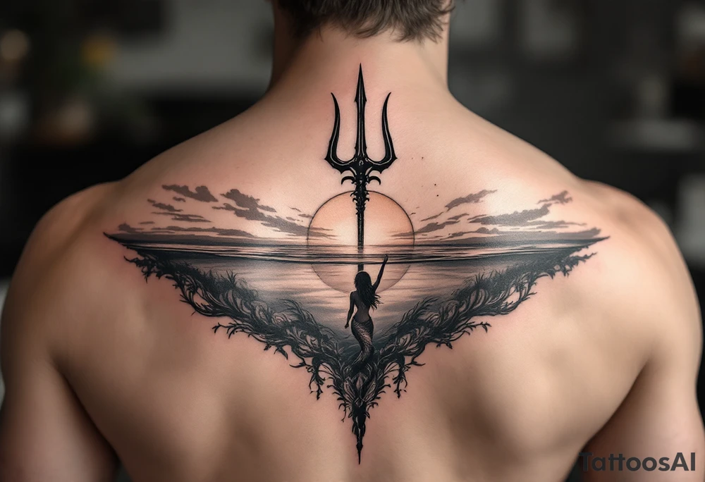 trident half way under calm water with sunset and mermaid tattoo idea