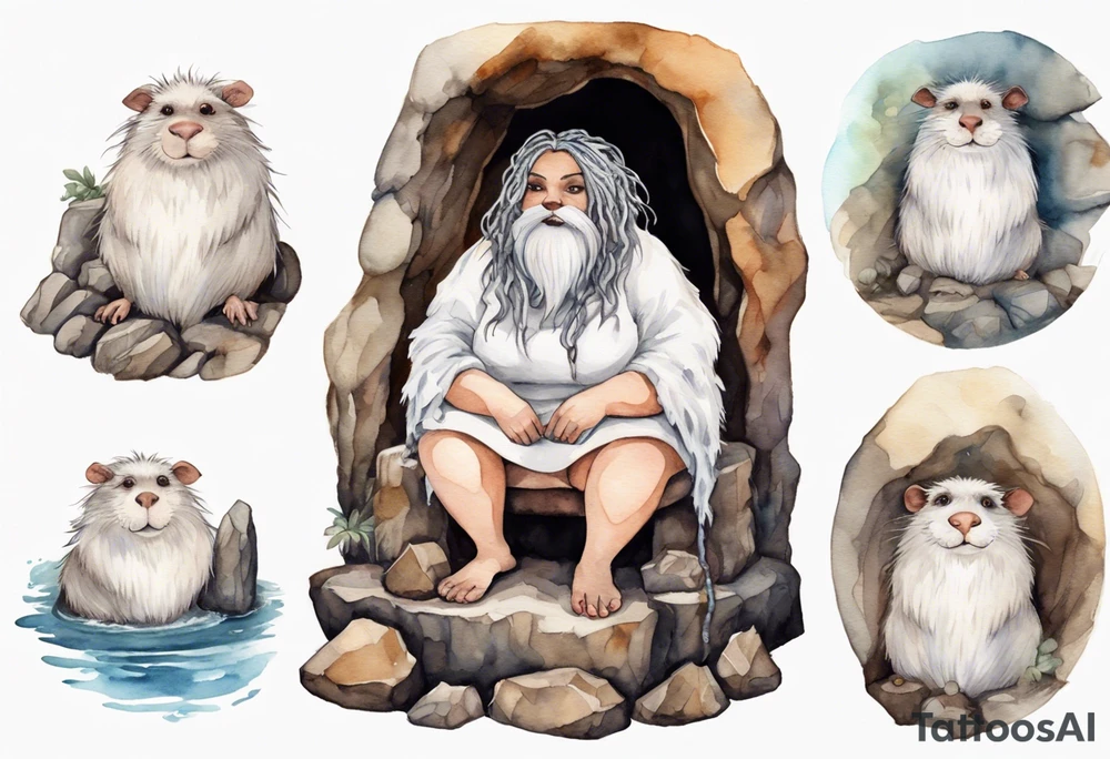 a solitary fat mole woman with large round eyes, covered in white fur with  brown dreadlocks sitting in stone throne in a cave tattoo idea