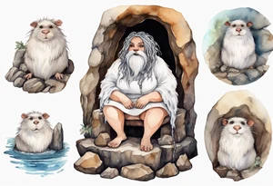 a solitary fat mole woman with large round eyes, covered in white fur with  brown dreadlocks sitting in stone throne in a cave tattoo idea