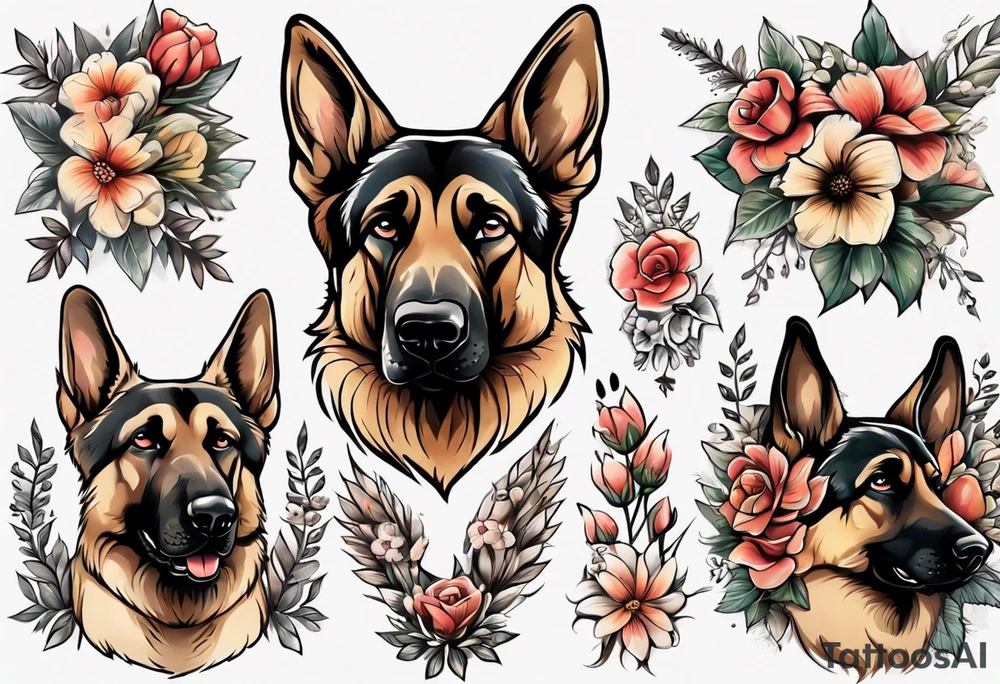 German shepherd portrait with flowers tattoo idea