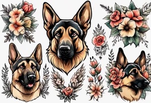 German shepherd portrait with flowers tattoo idea