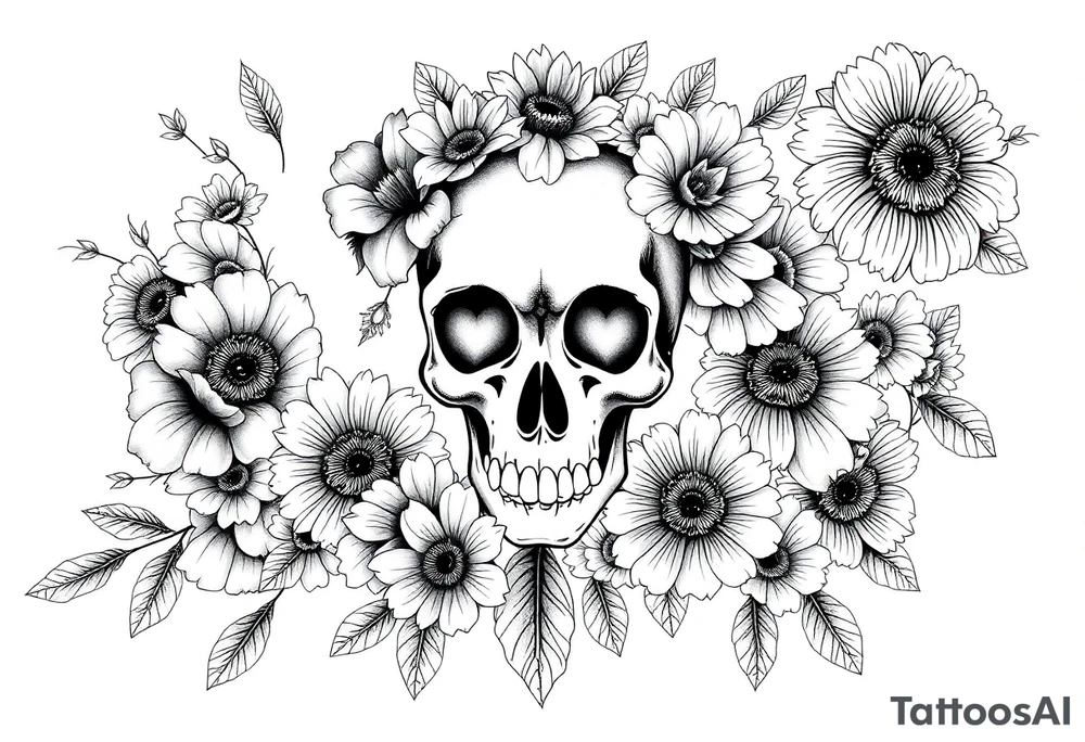 A half sleeve with Gothic pretty skull with heart shaped eyes surrounded by wildflowers and peonies and sunflowers tattoo idea