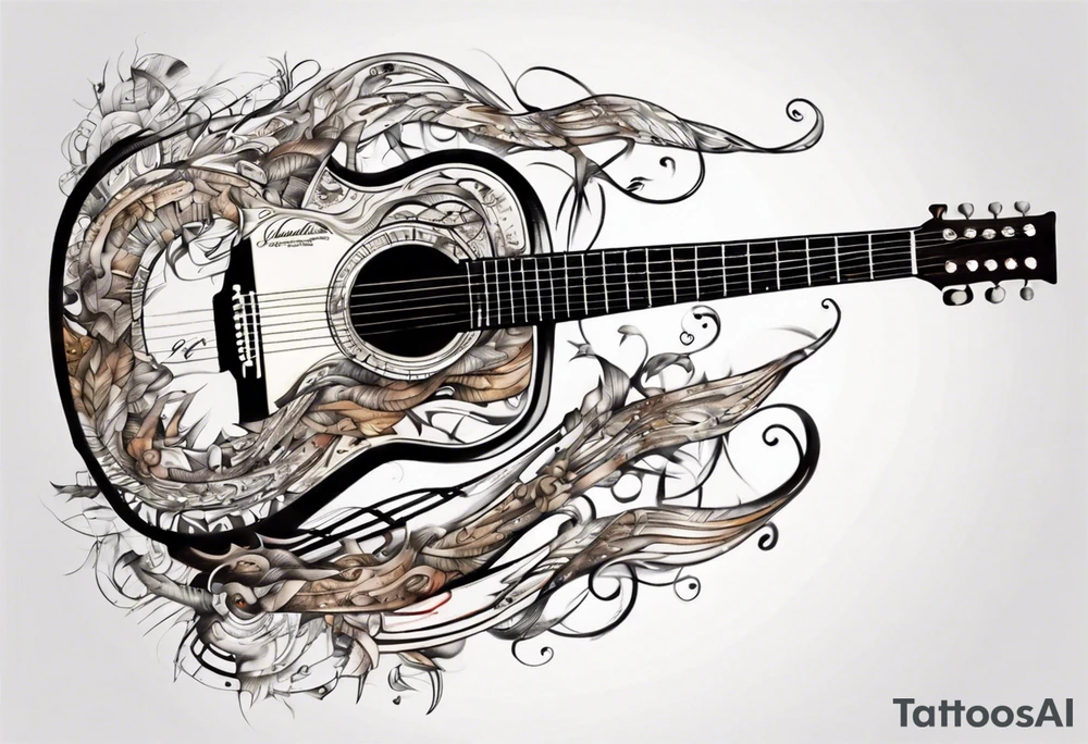 Acoustic Guitar neck with strings made of signatures emerging from skin tattoo idea
