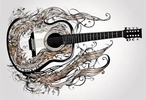Acoustic Guitar neck with strings made of signatures emerging from skin tattoo idea