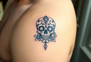 Masculine sugar skull with diamonds and daisy tattoo idea