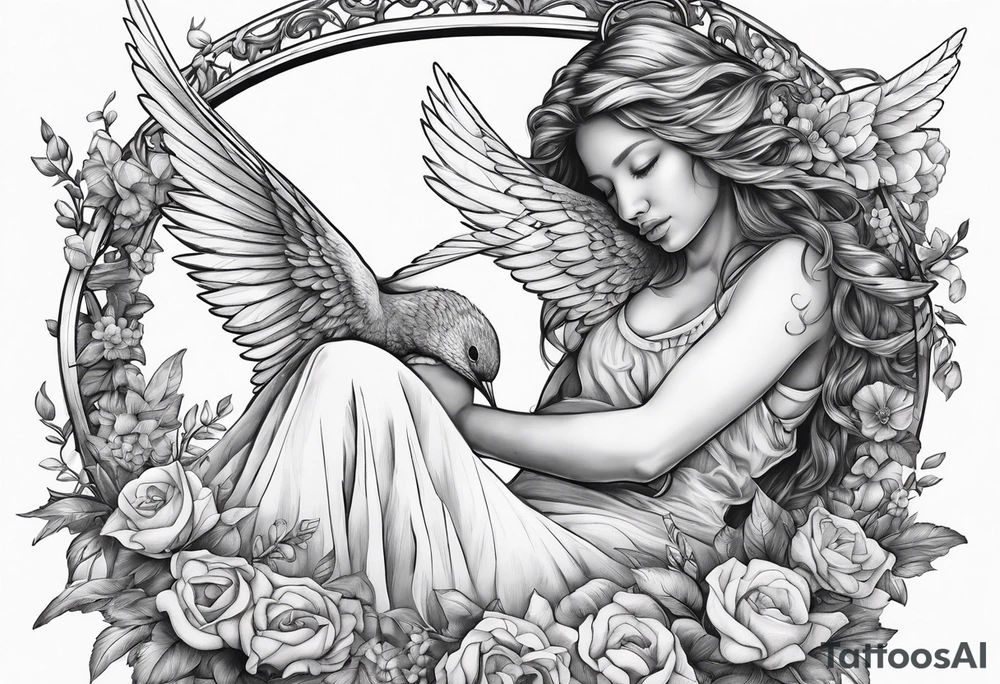 crying broken angel on swing add flowers around add hummingbird tattoo idea