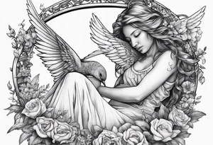 crying broken angel on swing add flowers around add hummingbird tattoo idea