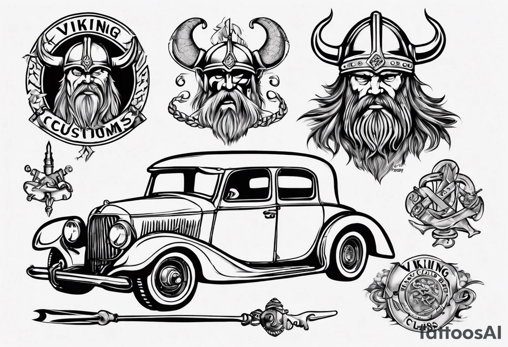 i want a tattoo of a viking and a old classic vintage car  and I want the words “Viking Customs” incorporated into the design tattoo idea