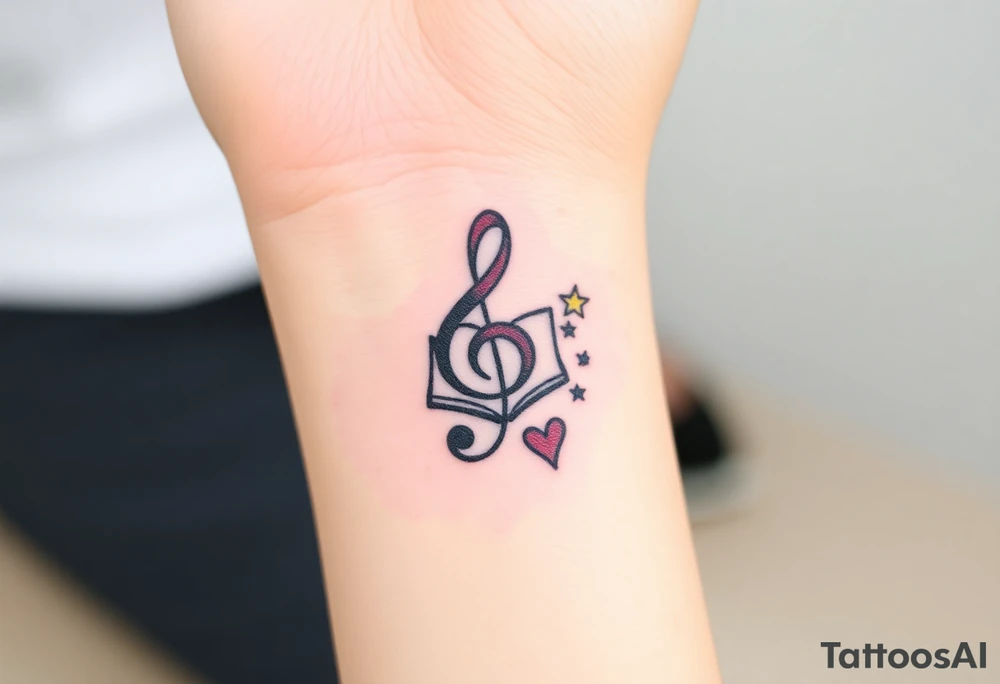 A swirl containing the Treble clef, book, dog paw, star, heart tattoo idea