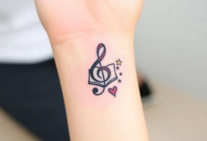 A swirl containing the Treble clef, book, dog paw, star, heart tattoo idea