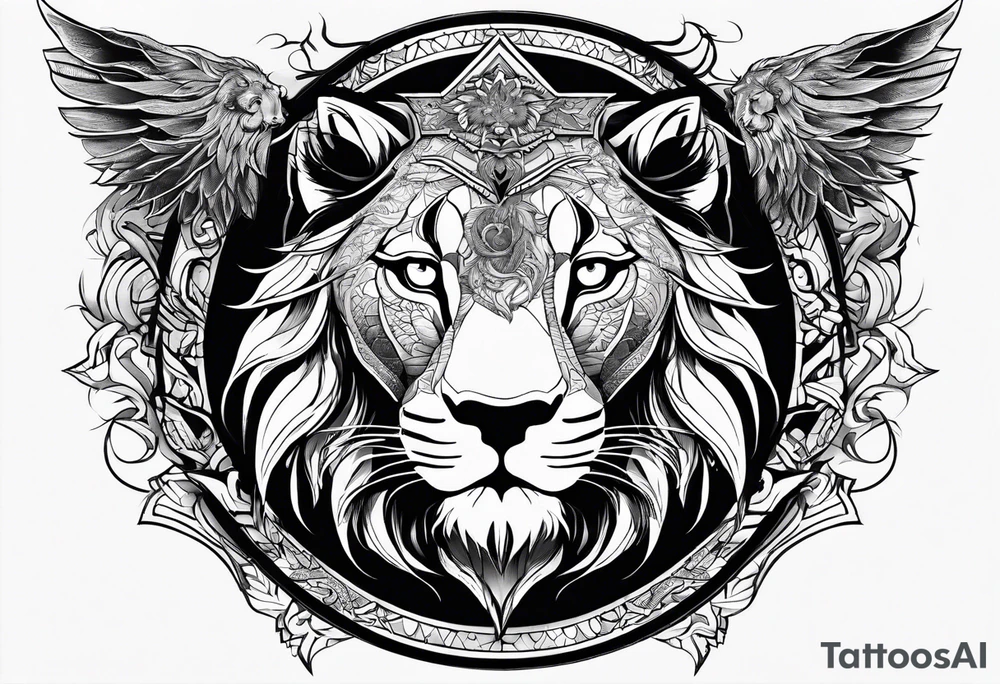 Ouroboros with in center a lion with burned wings tattoo idea