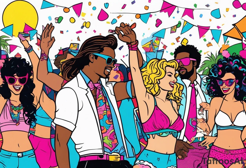 1980's miami vice style beach dance 
party, include confetti, music notes, boom box, bikinis tattoo idea