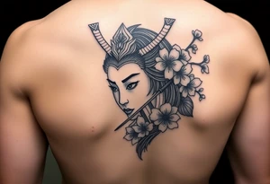 Samurai Asian face
 with a fan across her face with cherry blossom with wind tattoo idea