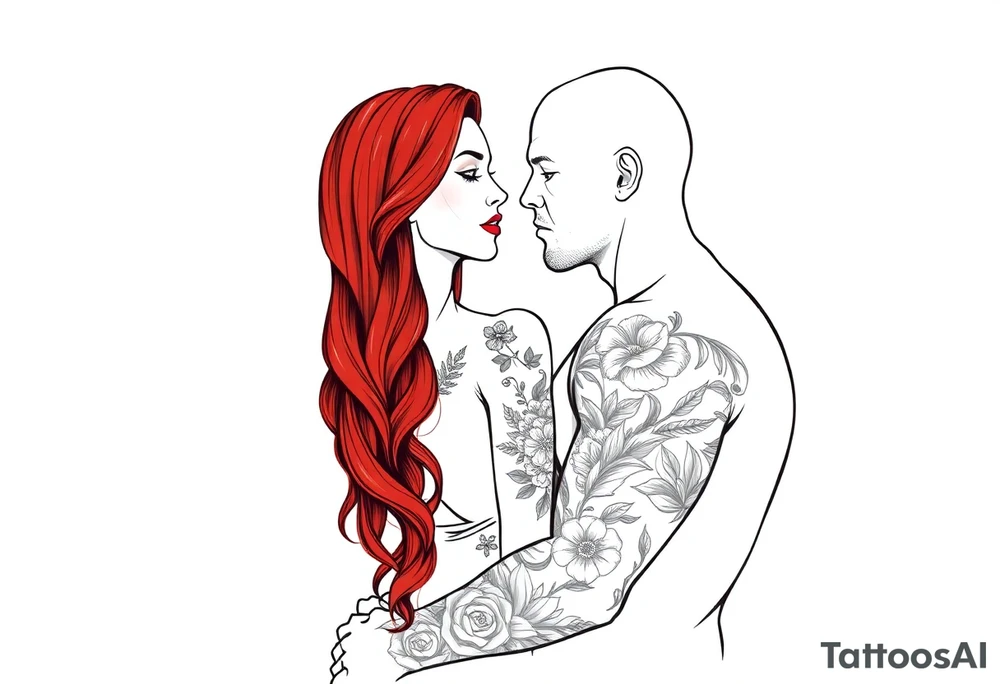 Woman with long red hair and red lipstick with lots of tattoos with  a bald muscular white man with tattoos getting married tattoo idea