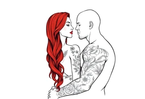 Woman with long red hair and red lipstick with lots of tattoos with  a bald muscular white man with tattoos getting married tattoo idea
