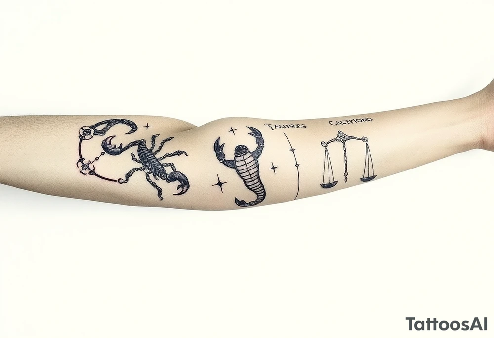 Taurus, cancer, 2 scorpio, capricorn, and libra star constellation tattoo for arm tattoo idea