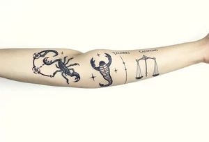 Taurus, cancer, 2 scorpio, capricorn, and libra star constellation tattoo for arm tattoo idea