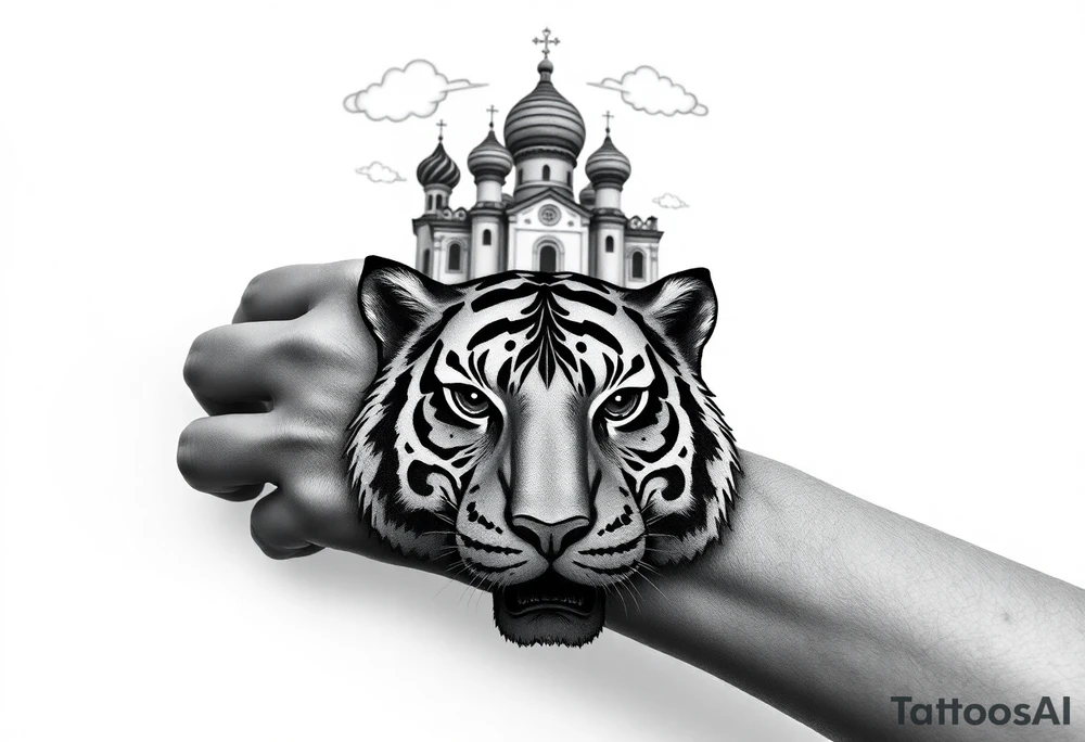 Realistic tiger face on the back of the hand with its eyes ALL black and no pupils, sitting beneath a Russian Orthodox cathedral sitting above on the top fore arm with onion domes and orthodox crosses. with clouds above and a virgin mary tattoo idea