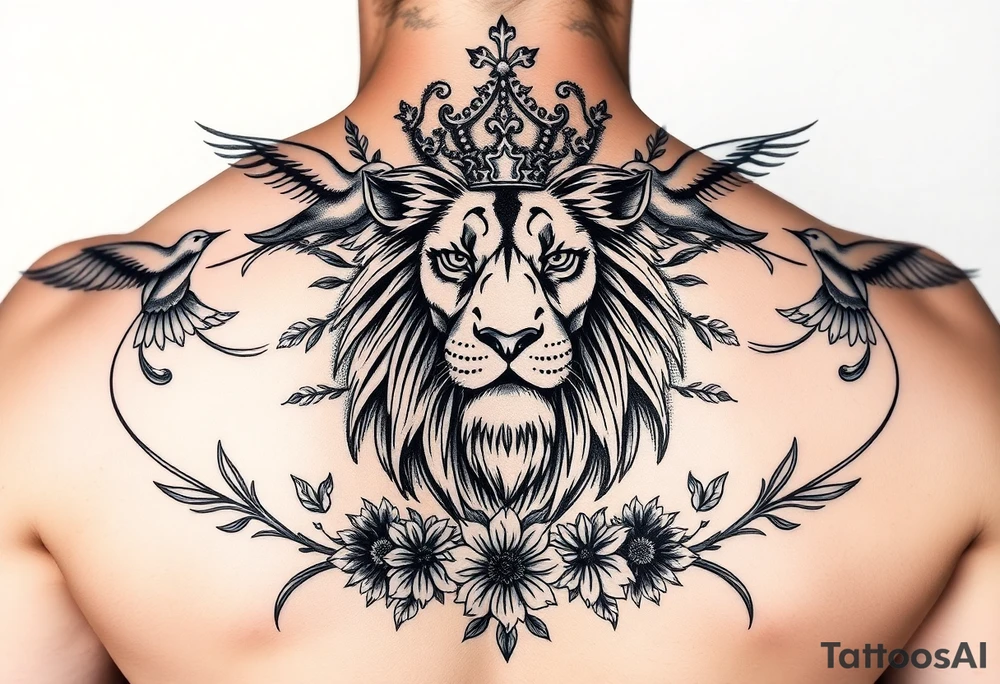 powerful majestic lion with a crown, surrounded by floral ornaments and birds tattoo idea