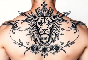 powerful majestic lion with a crown, surrounded by floral ornaments and birds tattoo idea