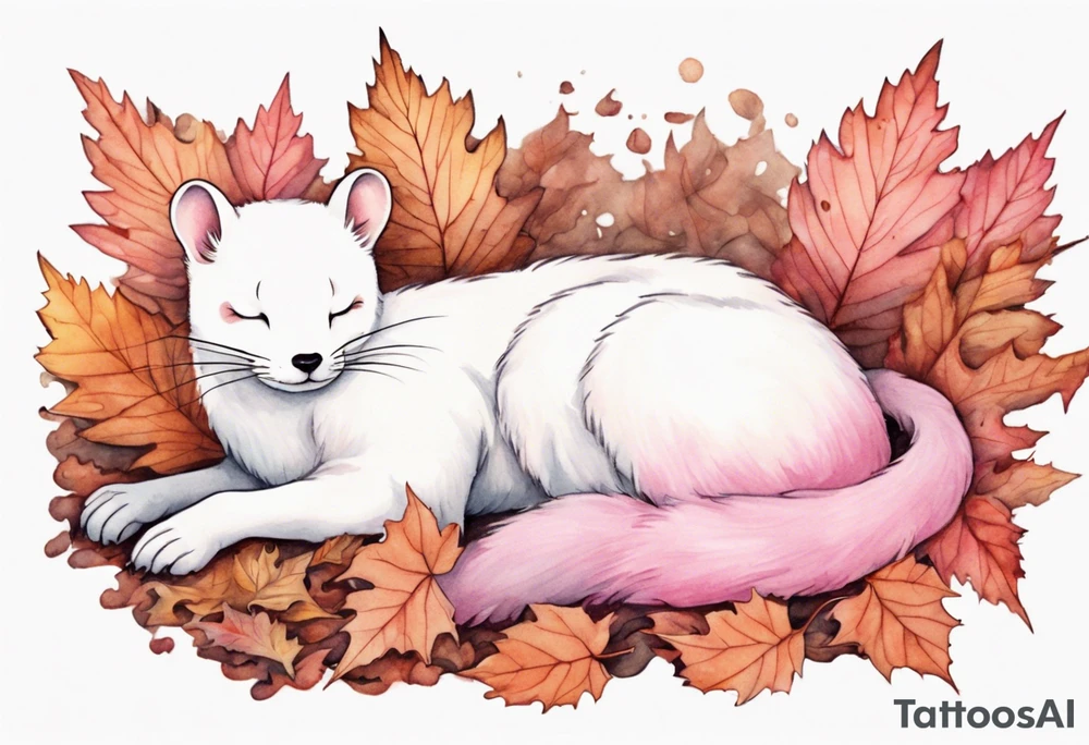 a pink ermine sleeping in a pile of leaves in a forest tattoo idea