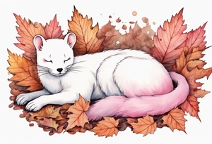a pink ermine sleeping in a pile of leaves in a forest tattoo idea