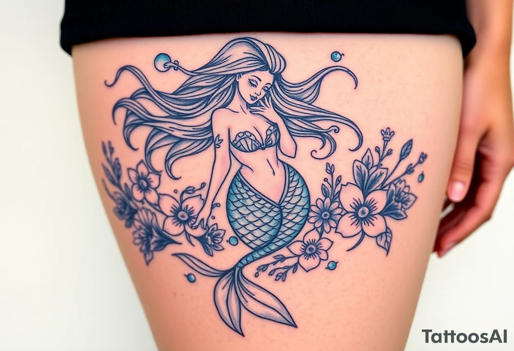 ethereal mermaid with flowing hair among coral and sea flowers tattoo idea